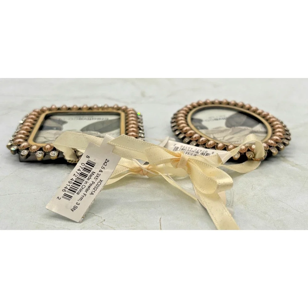 Creative Co-Op Set‎ of 2 Miniature Pewter Frames 2x2-2x3 Faux Beaded Crystal NWT